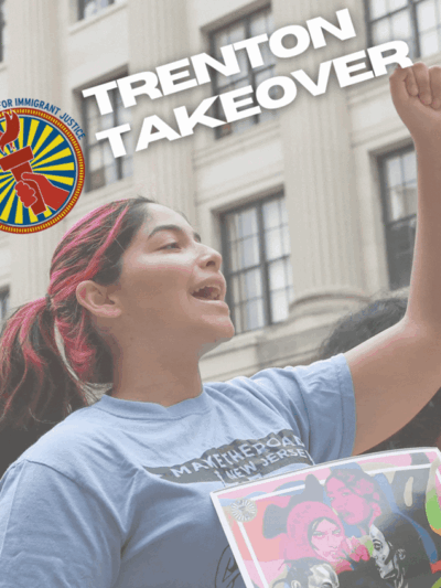 Female with brown and pink hair holding a sign with word Trenton Takeover above