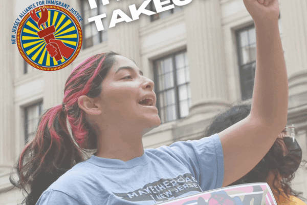 Female with brown and pink hair holding a sign with word Trenton Takeover above