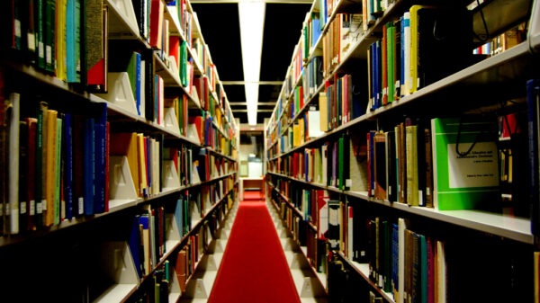 Library shelves in dark lighting