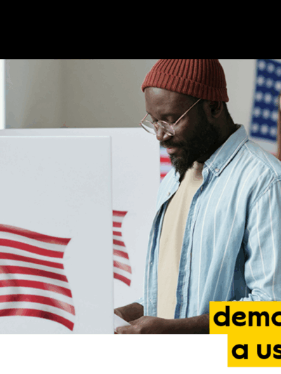 Black Man voting with words "Democracry: a user's guide"