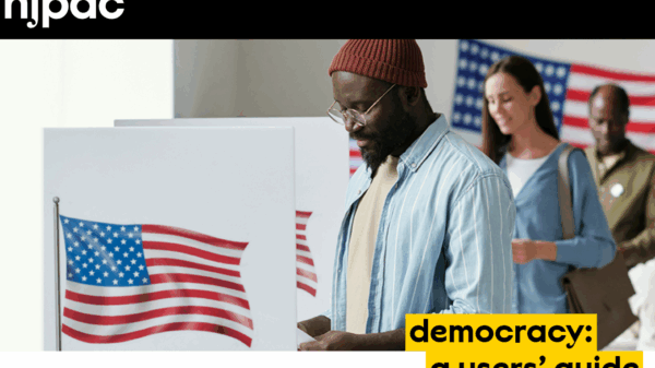 Black Man voting with words "Democracry: a user's guide"