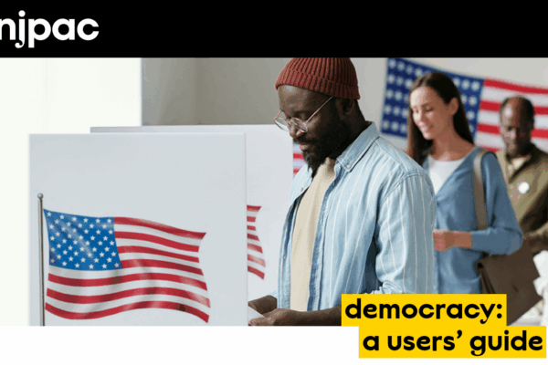 Black Man voting with words "Democracry: a user's guide"