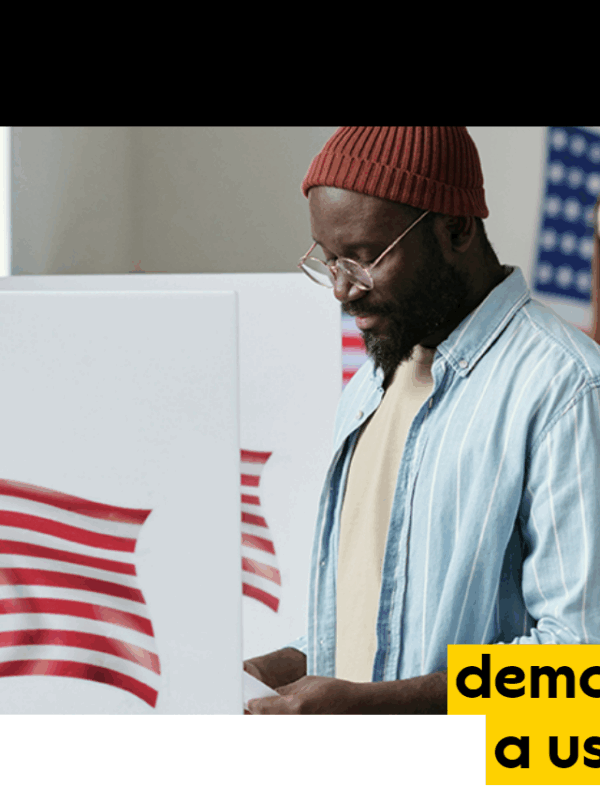 Black Man voting with words "Democracry: a user's guide"
