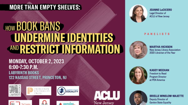 More than empty Shelves: How Books Bans Undermine Identities and Restrict Information in yellow text on a purple background with photos of books behind