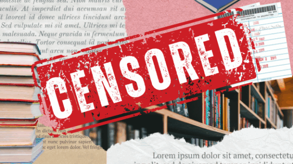 Images of a books and library shelves with a censored stamp over it