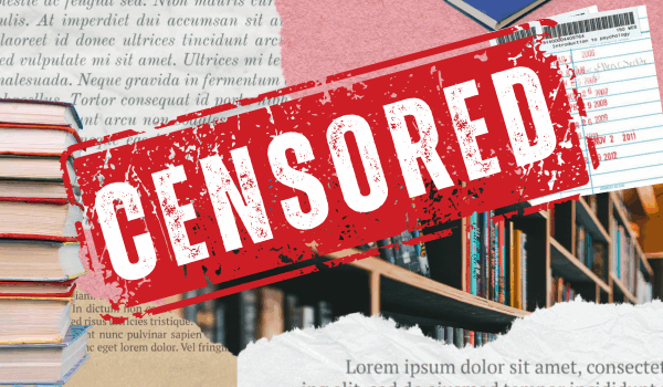 Images of a books and library shelves with a censored stamp over it