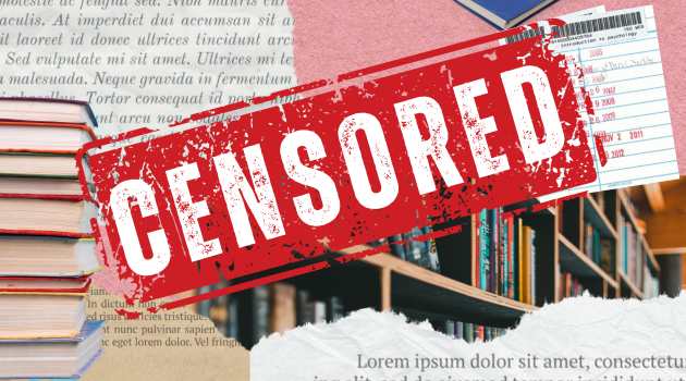 Images of a books and library shelves with a censored stamp over it