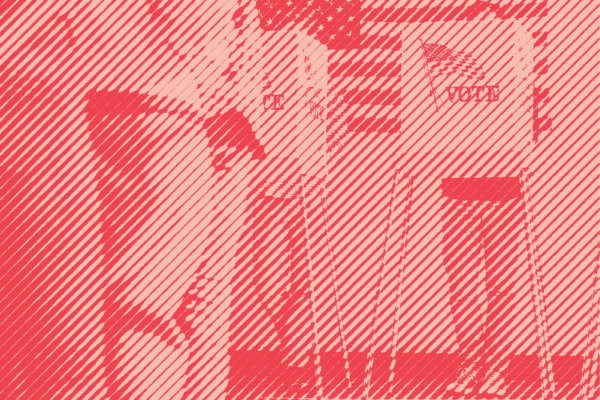 A group of people wait in line to vote with a red stripped treatment applied.