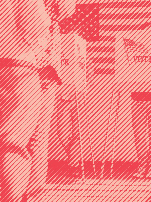 A group of people wait in line to vote with a red stripped treatment applied.