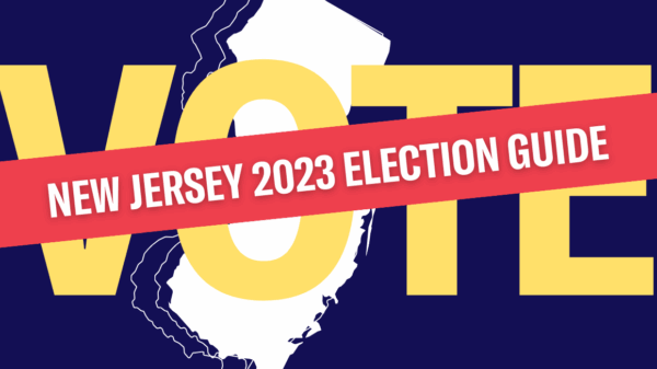 New Jersey 2023 Election Guide on a blue background with an image of New Jersey