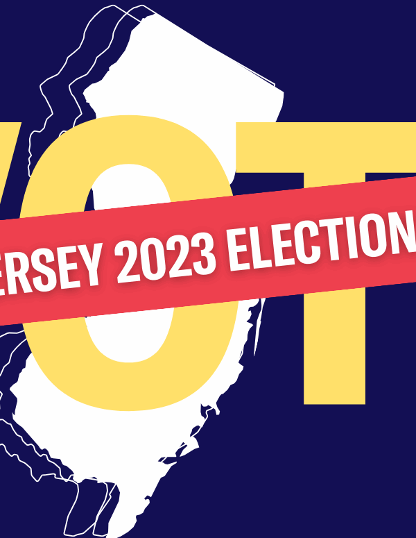 New Jersey 2023 Election Guide on a blue background with an image of New Jersey