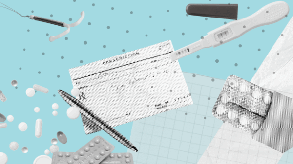 birth control pills, IUD, pregnancy test, pills, and prescription pad against a blue background