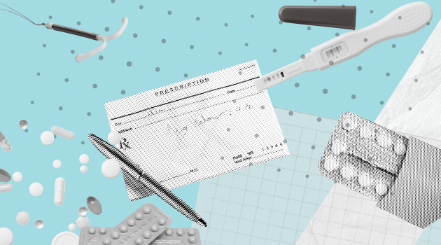 birth control pills, IUD, pregnancy test, pills, and prescription pad against a blue background