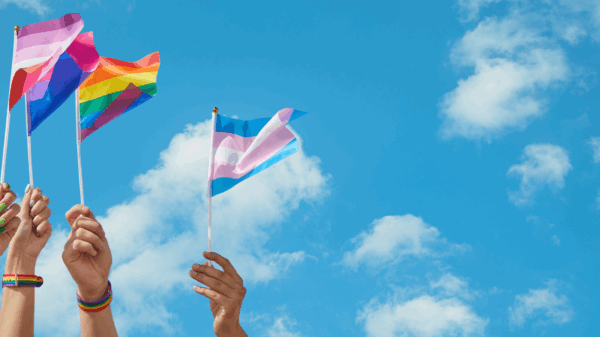 Hands holding PRIDE flags in the air