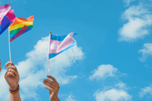 Hands holding PRIDE flags in the air