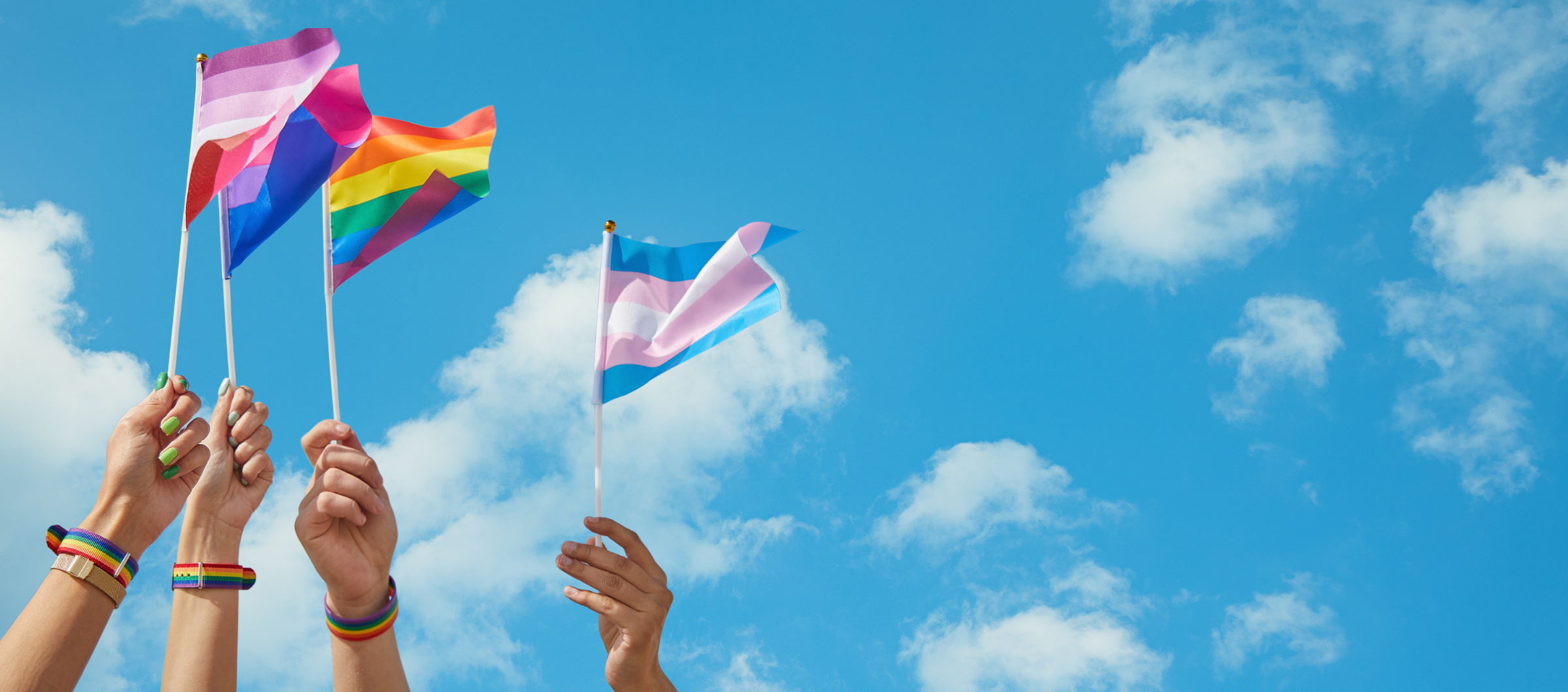 Hands holding PRIDE flags in the air