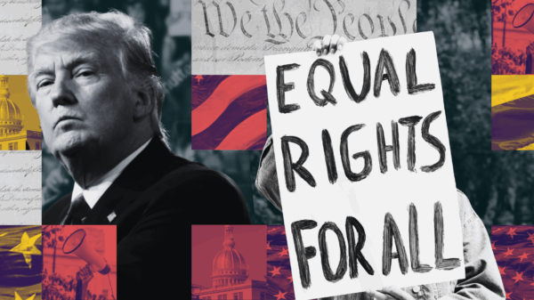 A collage including the face of President Donald Trump, a protest sign reading "Equal Rights for All", the NJ State House, a megaphone, and the American flag.