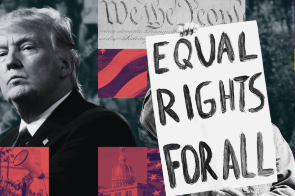 A collage including the face of President Donald Trump, a protest sign reading "Equal Rights for All", the NJ State House, a megaphone, and the American flag.