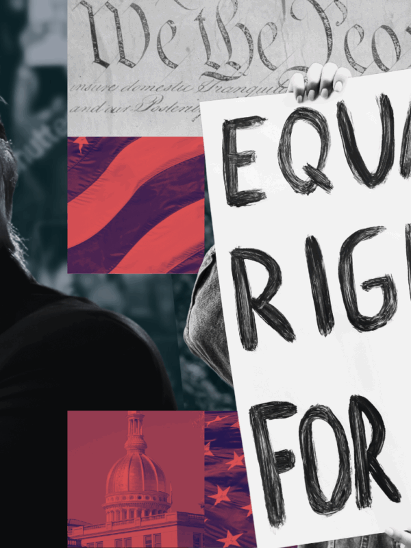 A collage including the face of President Donald Trump, a protest sign reading "Equal Rights for All", the NJ State House, a megaphone, and the American flag.