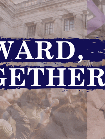"Onward, Together." on blue with collage elements in background, including the NJ State Capital building, a photo of the U.S. Constitution.