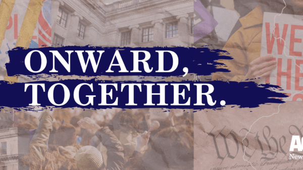 "Onward, Together." on blue with collage elements in background, including the NJ State Capital building, a photo of the U.S. Constitution.