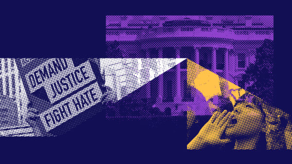 A collage graphic depicting images pertaining to civil liberties and action.