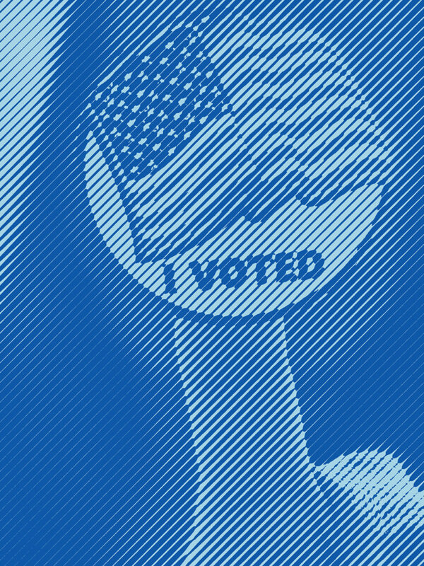 Woman with black hair holding up a "I voted" sticker