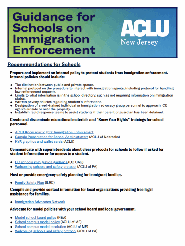 First page of guidance for schools on immigration enforcement document