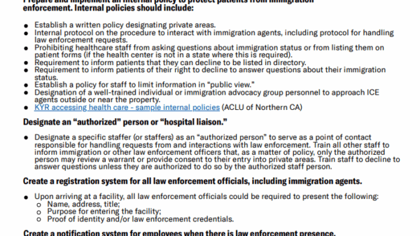 First page of guide for health centers on immigration enforcement