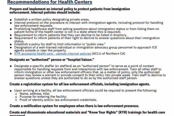 First page of guide for health centers on immigration enforcement