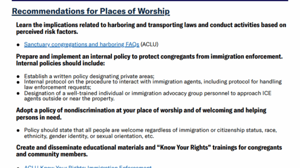 First page of guide for places of worship on immigration enforcement