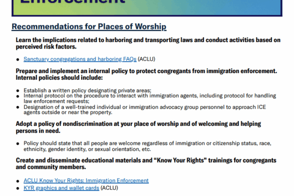 First page of guide for places of worship on immigration enforcement