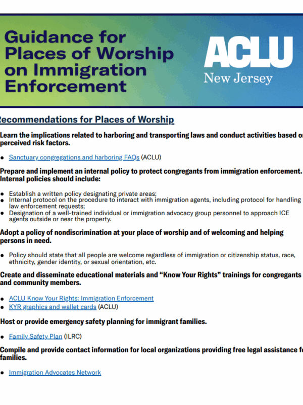 First page of guide for places of worship on immigration enforcement