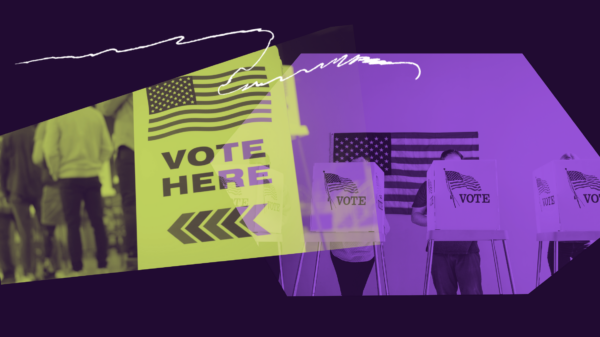 collage elements including a vote here sign and a voting booth in neon colors against a dark purple background