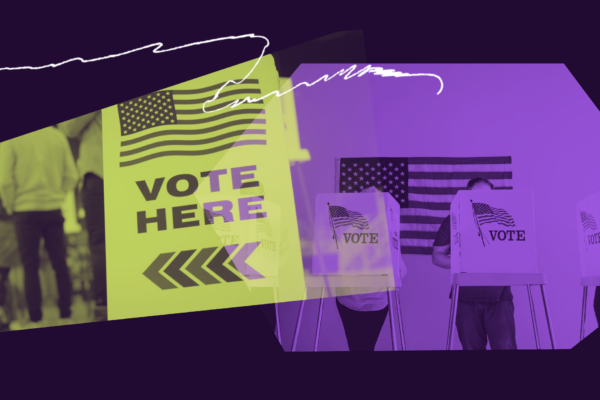 collage elements including a vote here sign and a voting booth in neon colors against a dark purple background