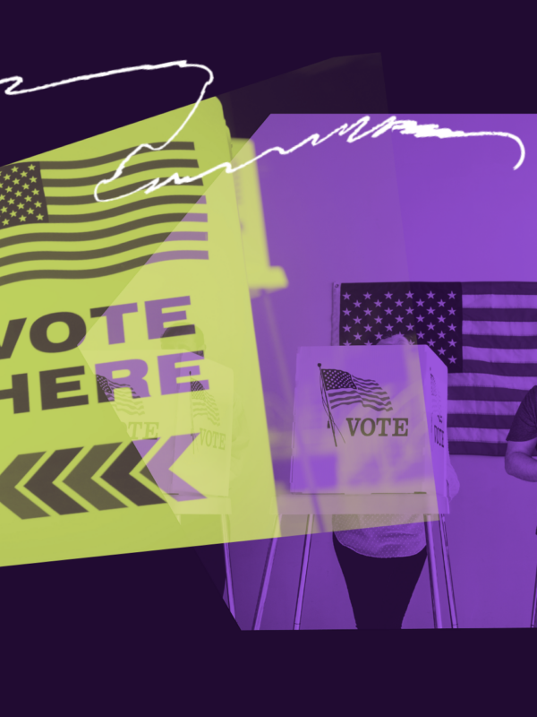 collage elements including a vote here sign and a voting booth in neon colors against a dark purple background