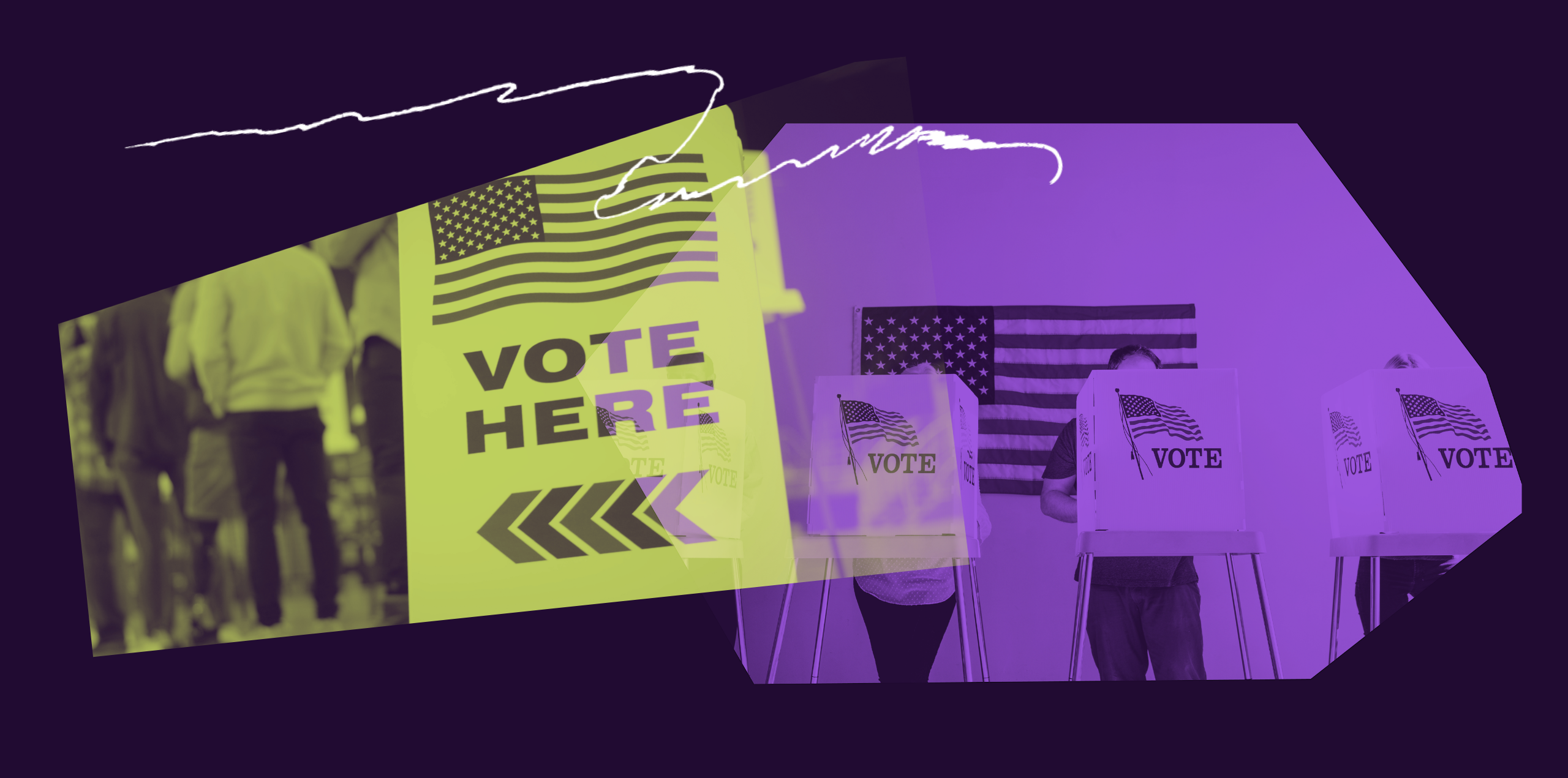 collage elements including a vote here sign and a voting booth in neon colors against a dark purple background