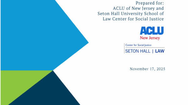 Cover page for the report, The Estimated Fiscal Impact of an Eviction Right to Counsel, including ACLU-NJ and Seton Hall Center for Social Justice logos.