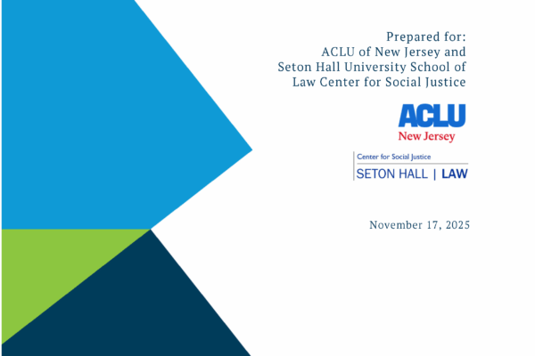 Cover page for the report, The Estimated Fiscal Impact of an Eviction Right to Counsel, including ACLU-NJ and Seton Hall Center for Social Justice logos.