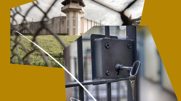 collage elements including an image of an open prison cell door and an image of a prison building behind fence.