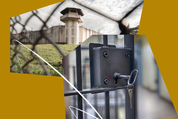 collage elements including an image of an open prison cell door and an image of a prison building behind fence.
