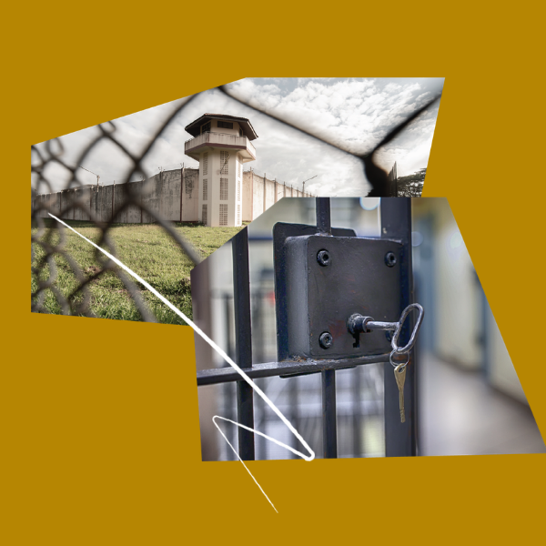collage elements including an image of an open prison cell door and an image of a prison building behind fence.