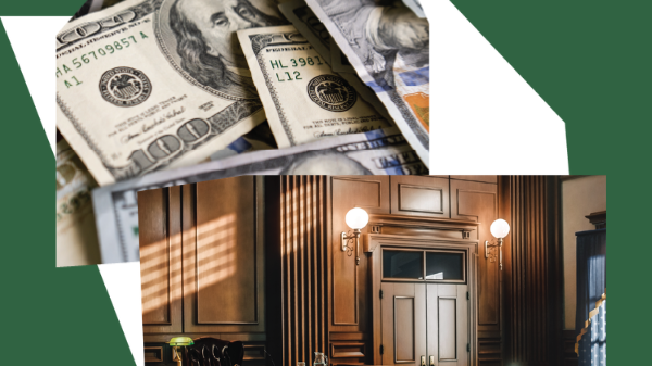 Collage elements including a picture of a courtroom and a picture of money against a green background