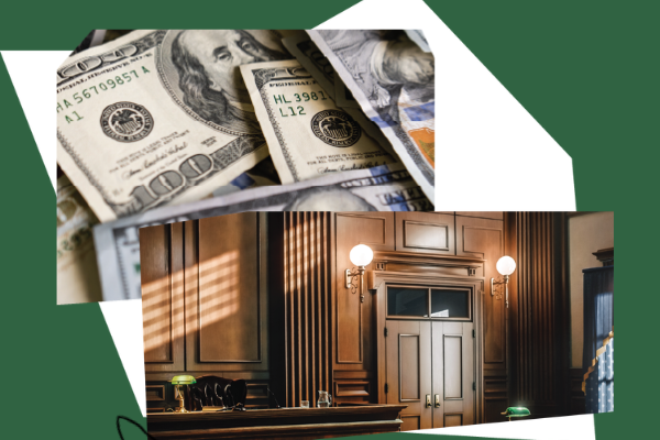 Collage elements including a picture of a courtroom and a picture of money against a green background