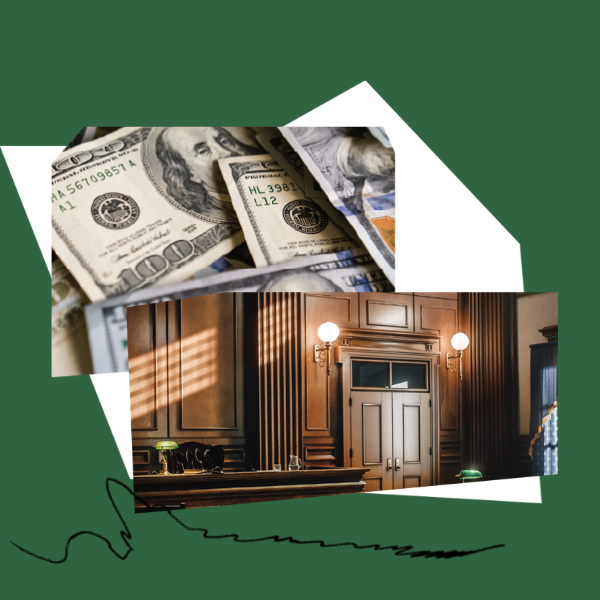 Collage elements including a picture of a courtroom and a picture of money against a green background