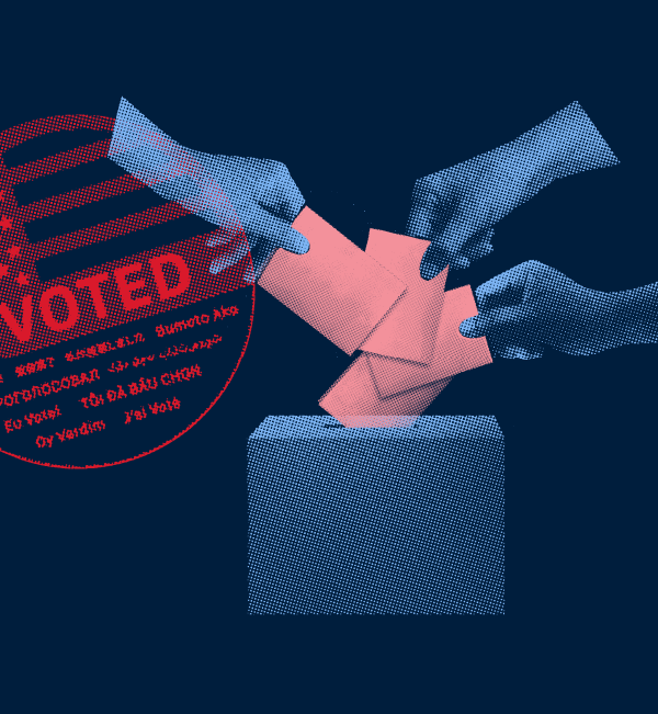 A red and blue collage featuring an “I Voted” sticker and hands placing unlabeled paper into a voting ballot box.