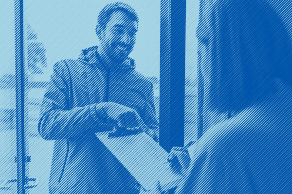 Man with brown hair and a beard holds a clipboard in front of a woman with medium length brown hair. A blue stripped treatment is applied to the image.
