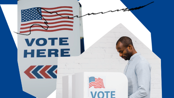 collage elements of people voting and "vote here" signs with a blue backgroudn