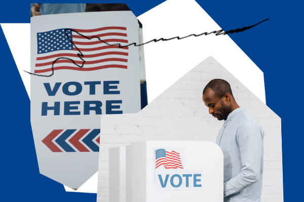 collage elements of people voting and "vote here" signs with a blue backgroudn