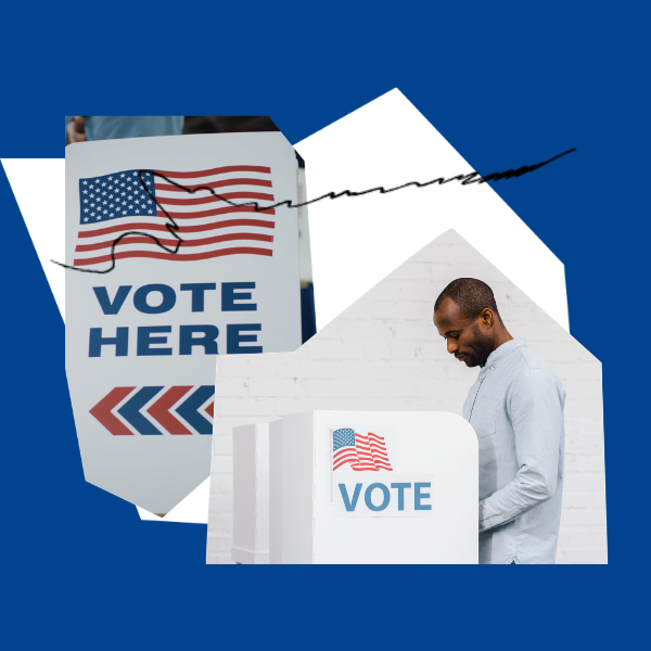 collage elements of people voting and "vote here" signs with a blue backgroudn